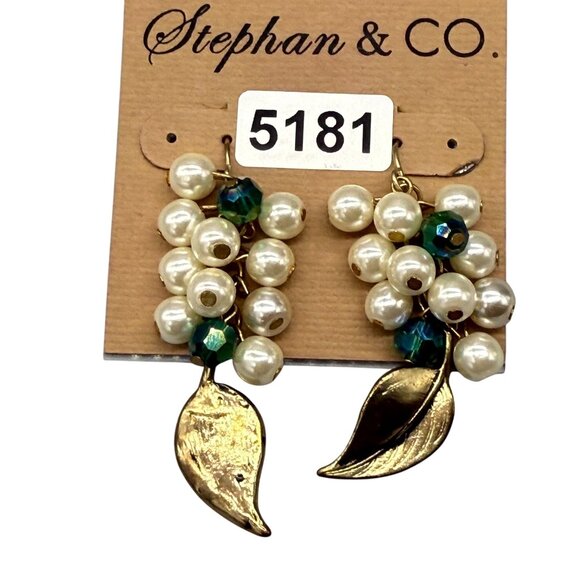 Stephan & Co. Faux Pearl Green Beaded Leaves Cluster Dangle Drop Earrings Boho - Picture 2 of 4
